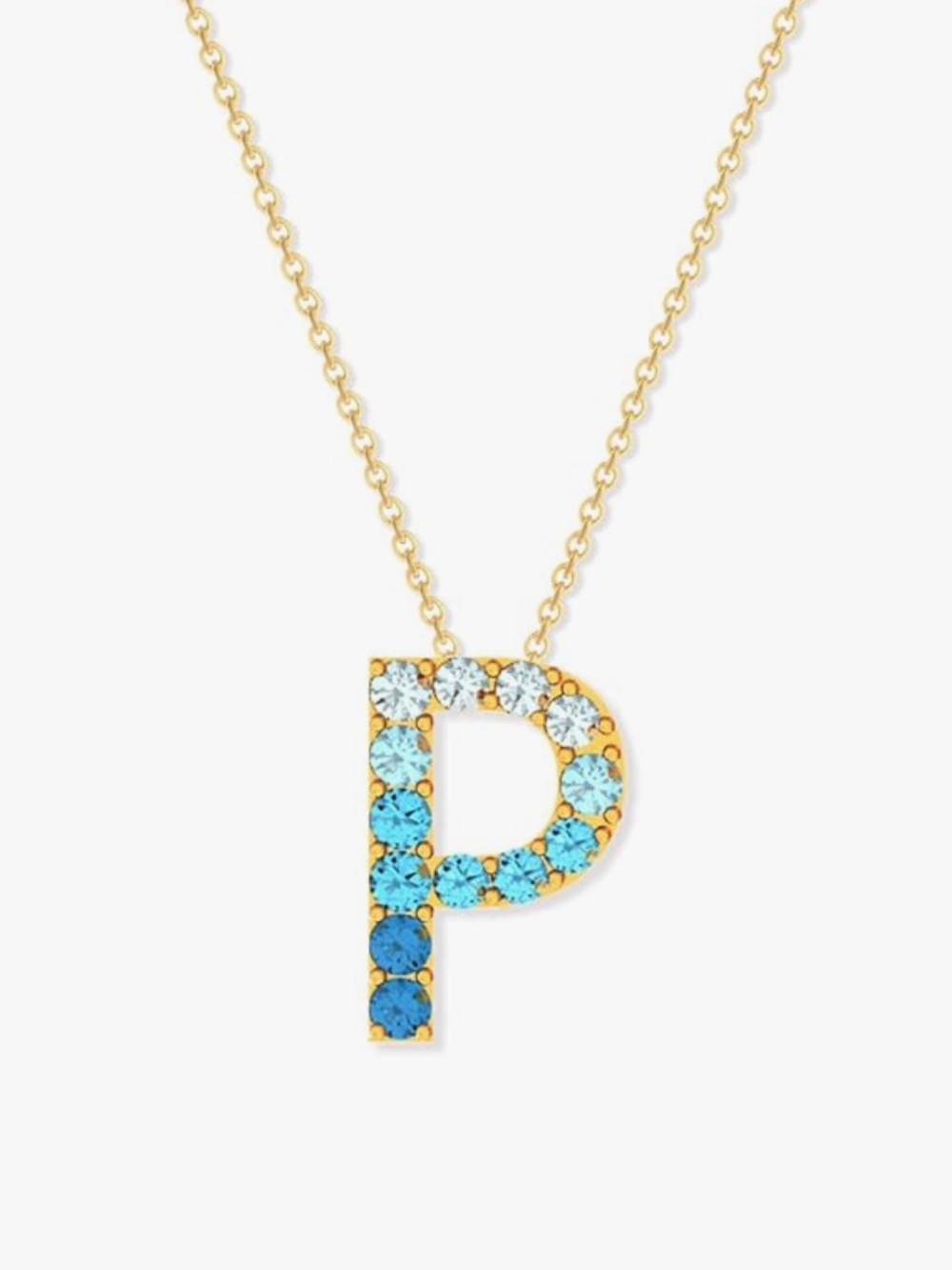 Gold Initial 'P' Necklace with Blue Crystal Accents